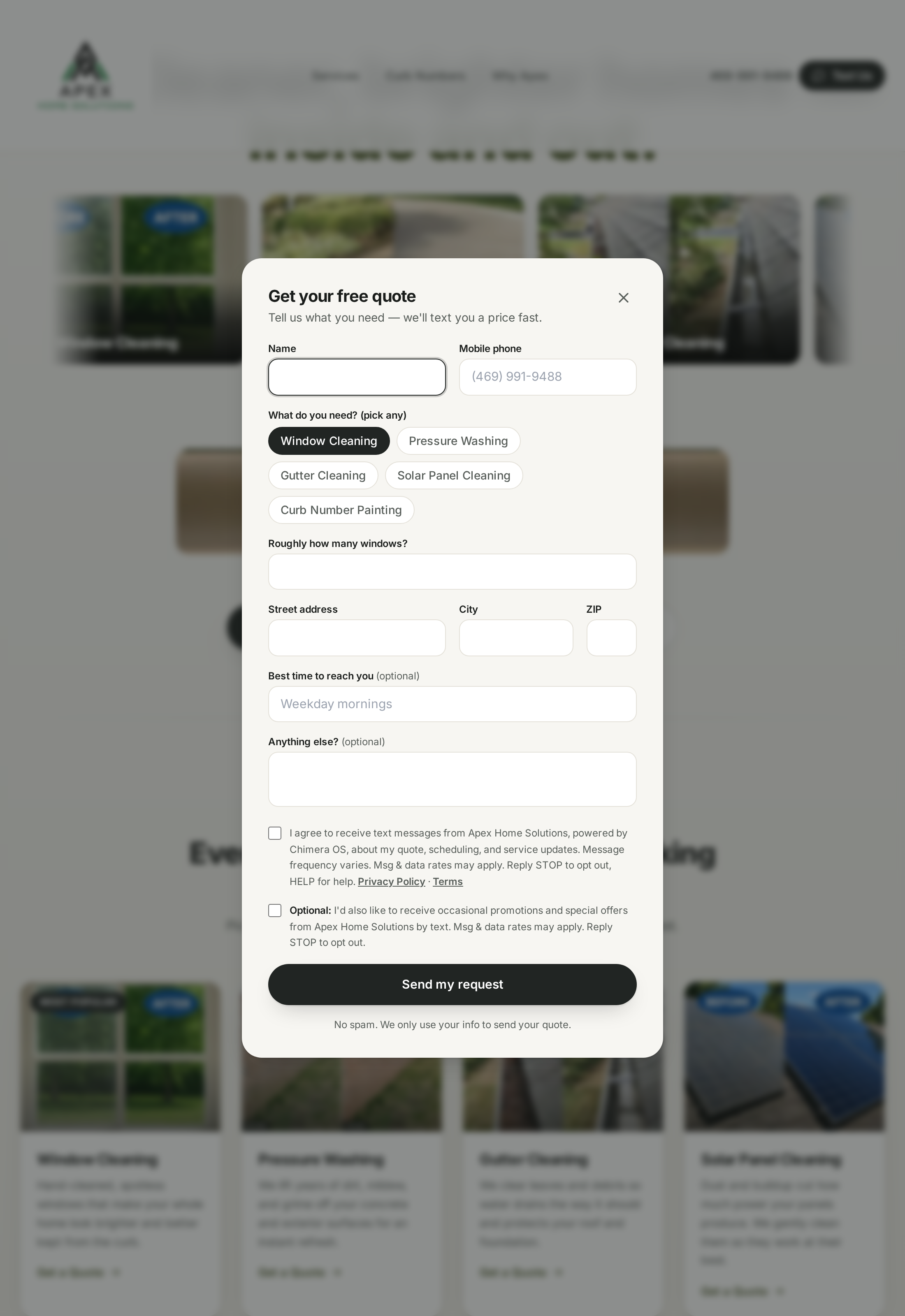 A participating business's quote form showing the unchecked SMS consent checkbox with full disclosures and links to the Privacy Policy and Terms.